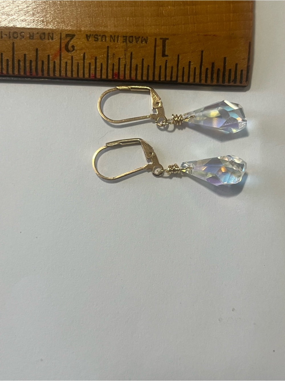 Handmade Swarovski AB Polygon Drop Earrings Gold Tone Leverbacks - Picture 5 of 5